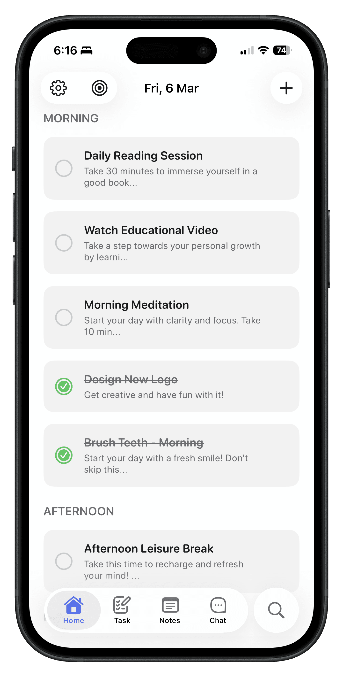 Calma's home screen, showing the day's tasks grouped into morning and afternoon
