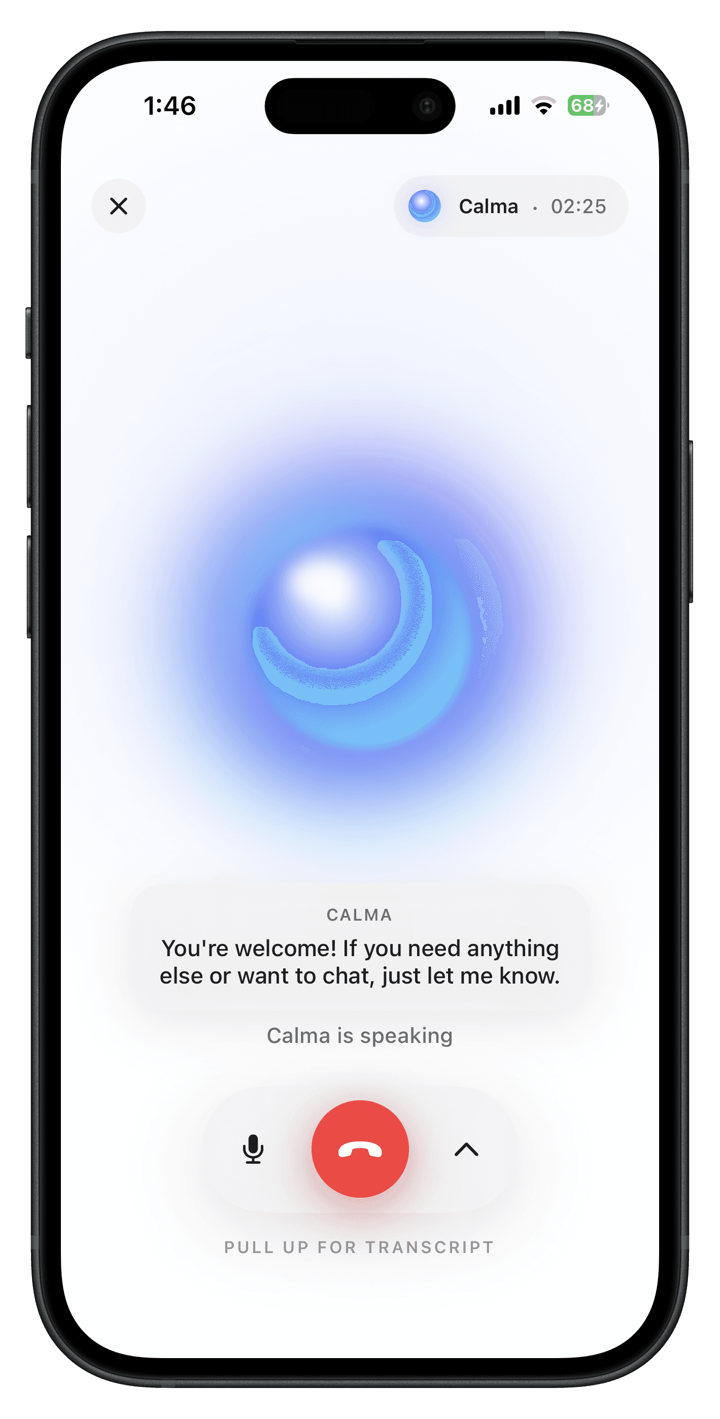 A live voice conversation with Calma, showing the call timer, the current spoken line and the call controls