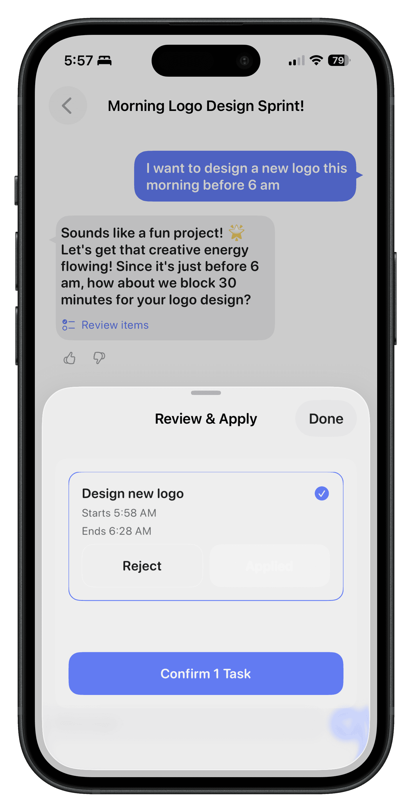 A Calma chat where the user asks to design a logo before 6am and the assistant proposes a 30-minute task for review