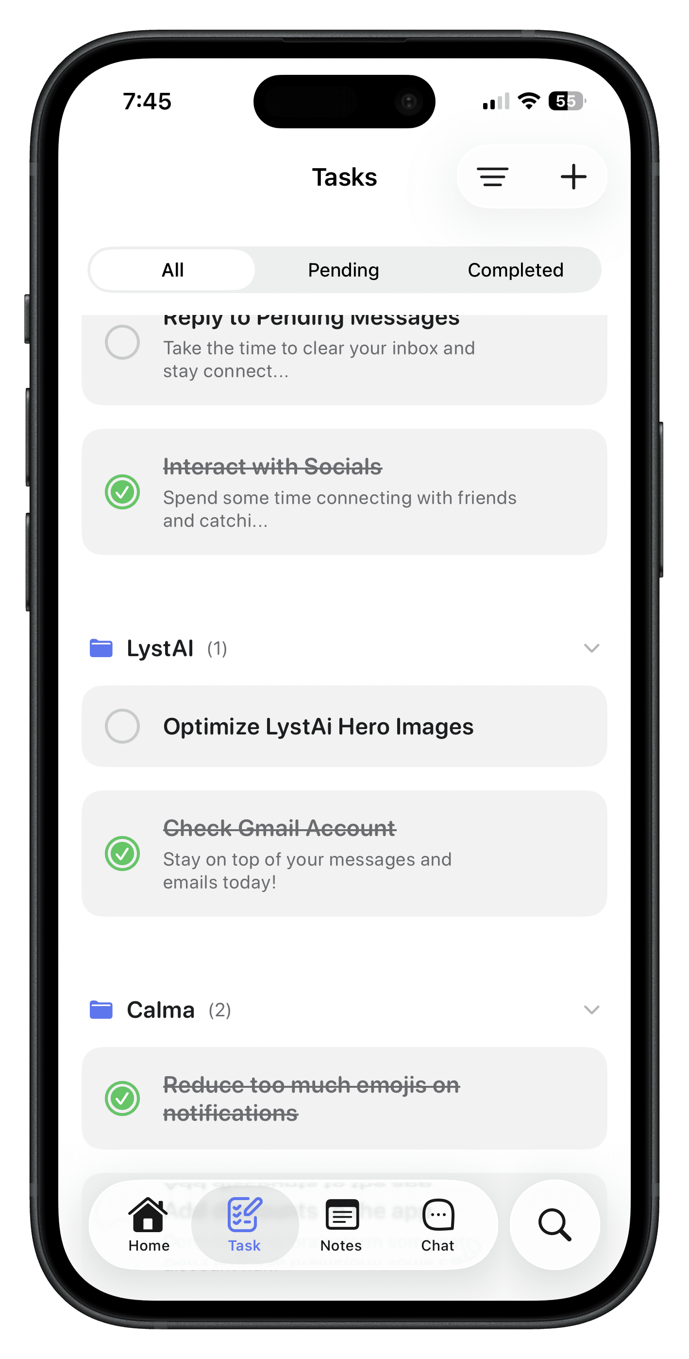 Calma's task list grouped into projects named LystAI and Calma