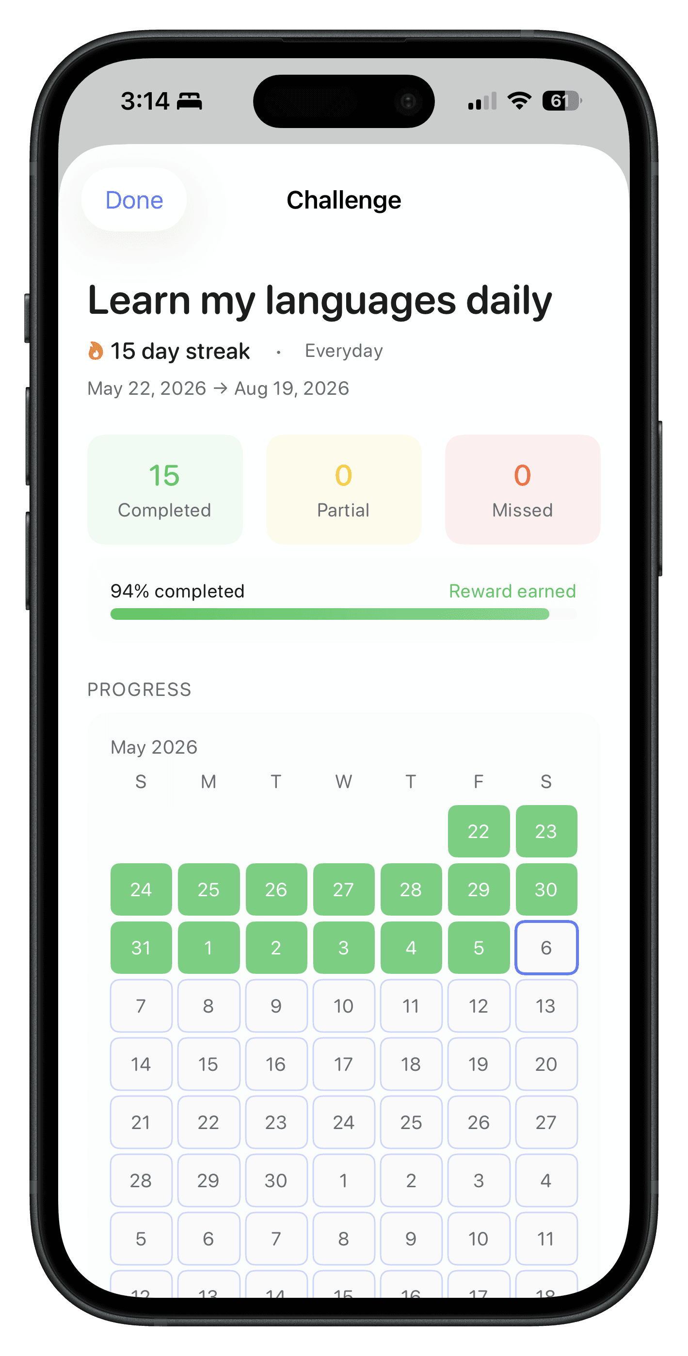 A Calma challenge called Learn my languages daily, showing a 15 day streak, 94% completion and a calendar of completed days